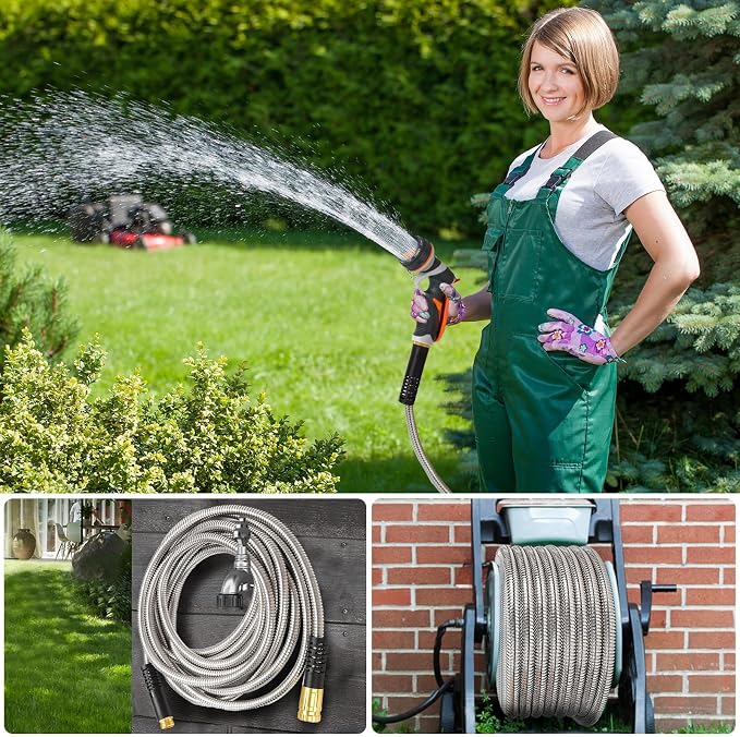Metal Garden Hose 150FT Heavy Duty Lightweight 304 with Brass Nozzle,Durable Fittings,No Kink & Tangle,Puncture Resistant,Easy to Use & Store for RV,Outdoor, Yard,Ligh (150ft)