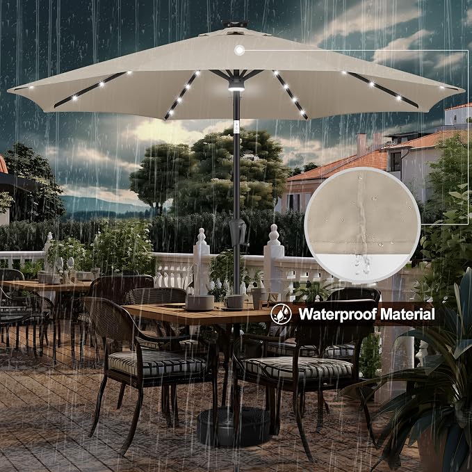 FLAME&SHADE 10 FT Solar Light Patio Umbrella, 40 LED Lights Outdoor Umbrella with Centre Surround Light, Table Market Umbrella for Deck, Pool, Porch, Backyard, Garden, UV Protection, Taupe