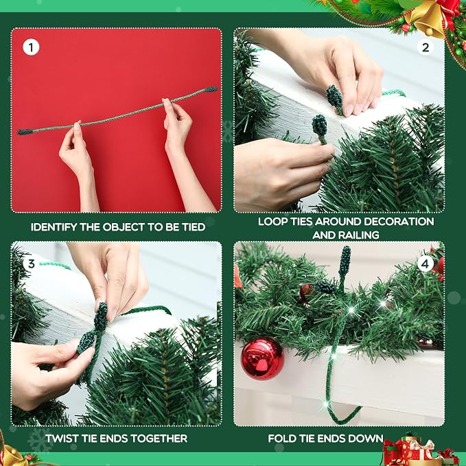 Zhengmy 16 Pcs 20 Inches Christmas Garland Ties Christmas Decorative Twist Ties for Banister Reusable and Flexible Twist for Xmas Home Decorations Holiday Craft Wrapping (Glitter Green)