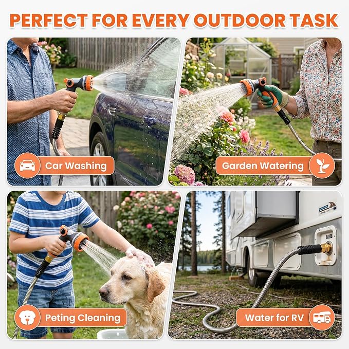 Cesun 50 ft Metal Garden Hose, Stainless Steel Heavy Duty Water Hose With 10 Function Nozzle, No Kink & Flexible, Lightweight and Durable, Rust Proof for Yard, RV, Pet Bath, Outdoor, 50 foot x 5/8"