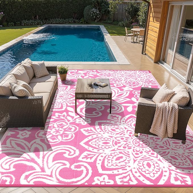 Findosom Waterproof Outdoor Rug 8' x 10' - Reversible Mandala Outdoor Plastic Straw Rug, Durable Foldable Patio Rug for RV, Deck, Balcony, Backyard, Picnic, Porch, Camping, Beach, Pink