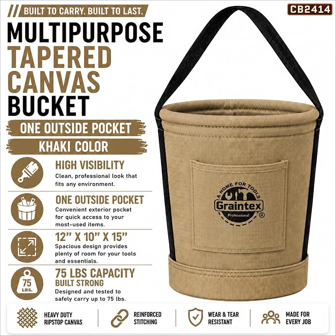 Graintex Tapered Canvas Bucket 12"x10"x15", Utility Tool Bucket One Inside Pocket, Reinforced Base & Carry Handle, Ripstop Canvas, Multi-Purpose Bag for Jobsite & Home Use for Tool Storage Solutions