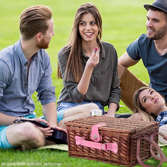Picnic Basket Set for 4 with Waterproof Blanket Mat Insulation Bag Wicker Pink Stripe Classic Fresh Gift for Christmas Thanksgiving Wedding Birthday Camp Outdoor Beach Travel