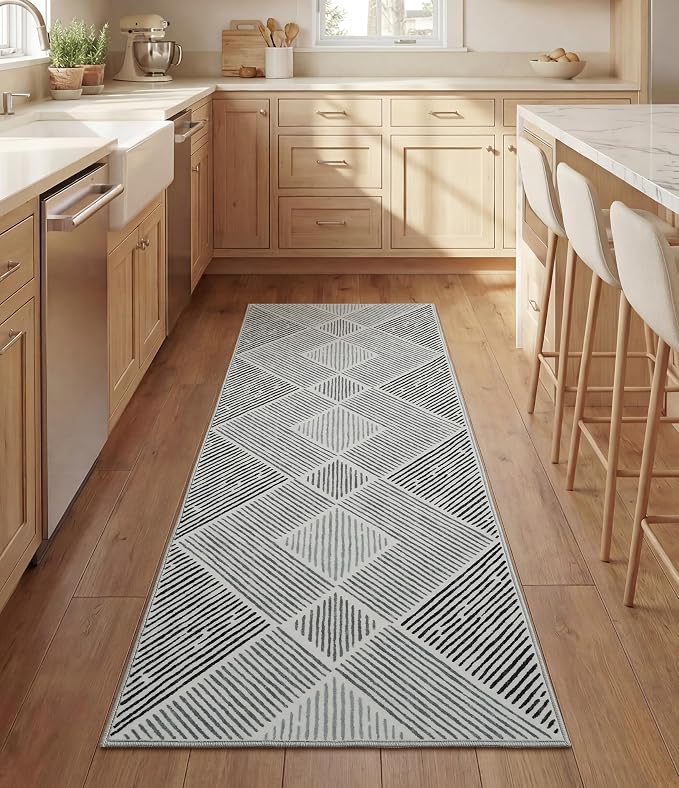 2‘x6' Washable Black and White Geometric Runner Rug for Kitchen | Non-Slip, Low Pile, Stain Resistant, Modern Stripe Long Runner Rug for Hallway Entryway Bedroom