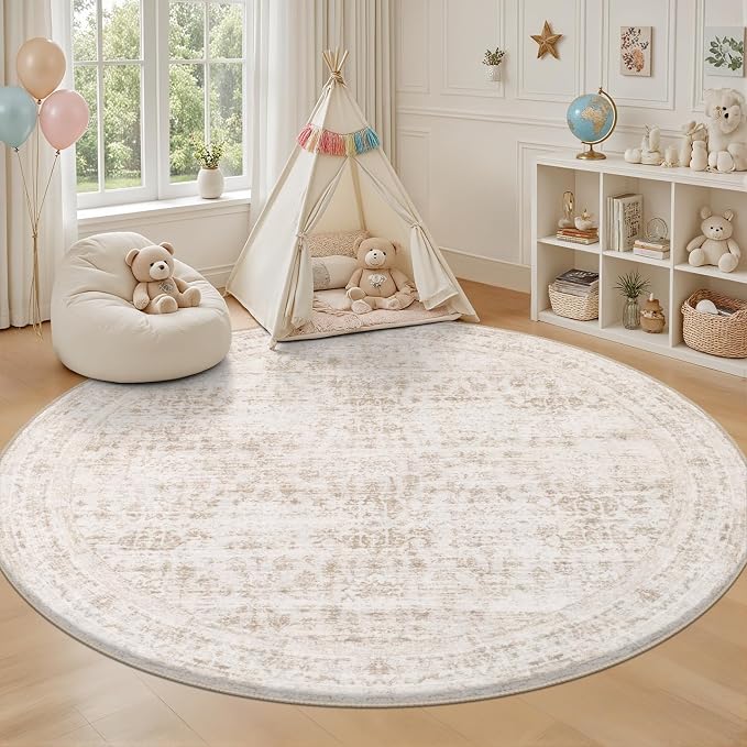 Round Area Rug for Living Room: 6ft Boho Washable Rug Beige Brown | Vintage Boho Soft Round Rug Indoor Floor No Slip Carpet Stain Resistant Rugs for Bedroom Dining Room Nursery Home Office
