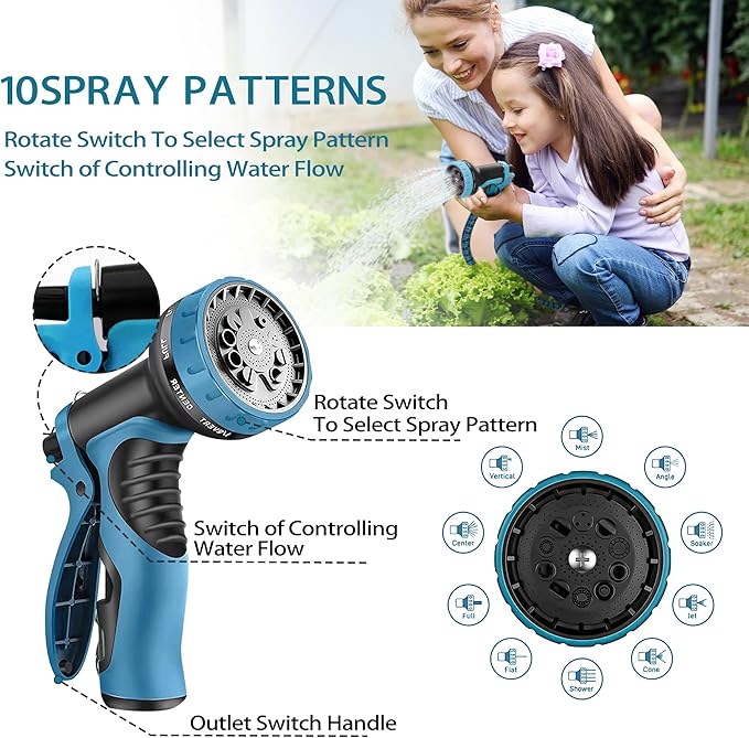 100ft Garden Hose - 2026 Ultra Lightweight Water Hoses w/10 Function Spray Nozzle and 3/4" Brass Fittings- Durable, & Flexible Water Pipe for Yard, Lawn, Outdoor & Gardening(Blue Black)