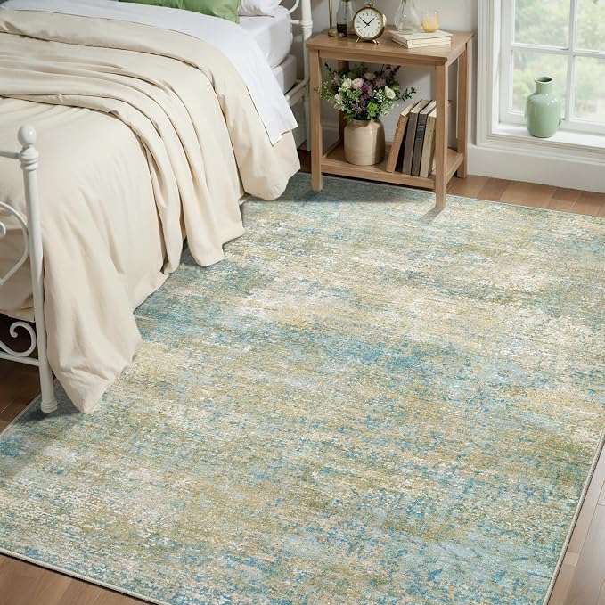 Tangsoo Abstract 3x5 Washable Area Rug, Modern Non Slip Indoor Accent Rugs | Contemporary Print 3x5 Carpet, Soft Low Pile Foldable Rugs for Living Room Bedroom Bedside Entryway Blue Beige Home Decor