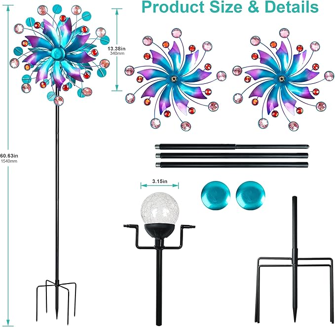 Solar Wind Spinner Outdoor - Metal Kinetic Wind Sculptures with Sparkling Jeweled Ornaments, Blue & Purple Gradient Dual-Direction Spinner, Solar LED Glass Ball Yard Art for Garden Patio Decor
