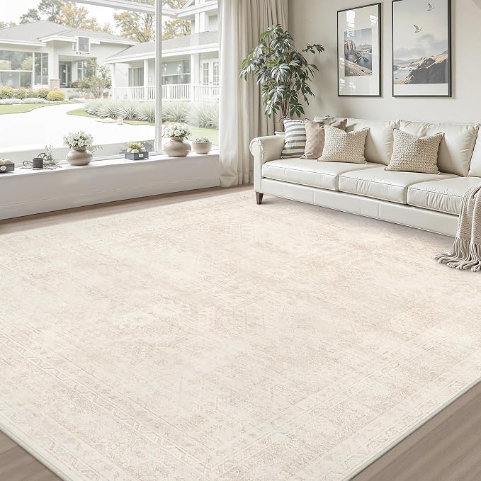 Area Rugs 9x12 Living Room: Bedroom Neutral Washable Carpet Beige | Large Vintage Boho Indoor Decor Carpets Soft Nursery Farmhouse Dining Room Office Floor Non-Slip Low Pile Under Table Rug
