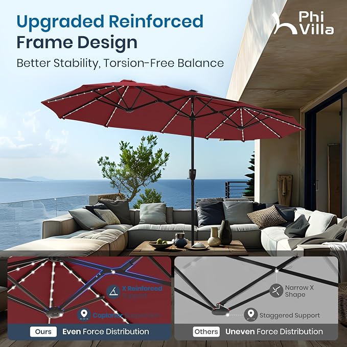 PHI VILLA 13ft Patio Umbrella with Solar-Powered 120 PCS LED Color-Changing Lights, Triple-Head Large Rectangle Umbrella Outdoor Patio for Table with Crank Lift,Dark Red(No Base)