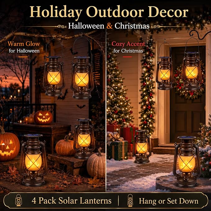 Solar Lantern Outdoor Hanging Solar Lights Dancing Flame Led Waterproof Camping Lamps, Landscape Decor for Table Patio Garden Yard Pathway Porch 2 Pack