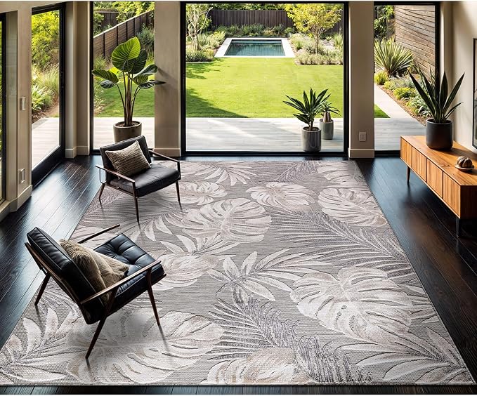 CAMILSON Indoor Outdoor Rug, Beige 9’x12’ Leaf Tropical Botanical Area Rugs for Indoor and Outdoor patios, Easy-Cleaning Non-Shedding Living Room, Garden and Kitchen Washable Outside Carpet (9x12)