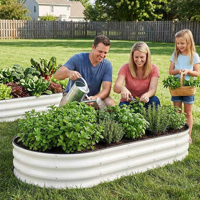 INNO STAGE 2Pcs Galvanized Raised Garden Bed, 6x3x1FT Oval Metal Raised Garden Beds for Vegetables, Rust-Resistant & Easy Assembly, Outdoor Planter Box for Gardening, Flowers, Herbs (White)