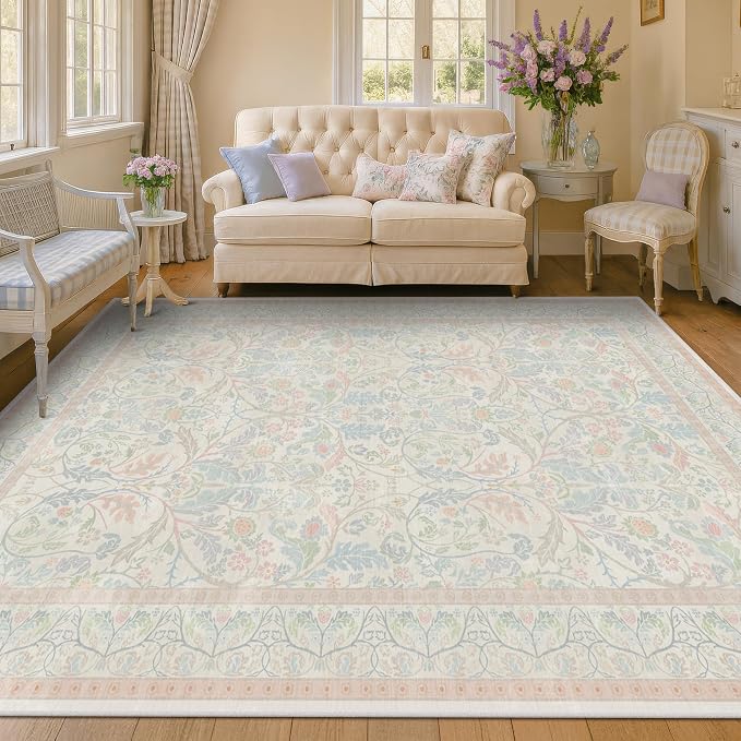 Washable Big 9x12 Floral Cute Rugs for Bedroom, Shabby Chic Large Oushak Area Rug for Living Room, Low Pile & Soft Carpet with Botanical and Wildflower Pattern (Pink and Blue)