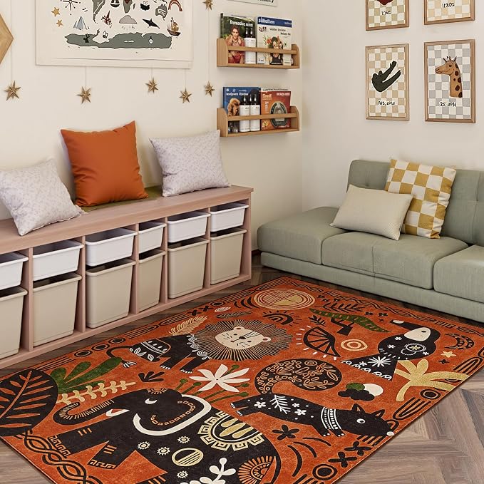 jinchan 5x7 Cute Area Rug Kids Washable Fun Rug Terracotta Boho Jungle Mat | Soft, Cozy, Non-Slip, Kid-Friendly, Safari, Lightweight, Entryway, Kitchen, Dorm, Bedroom, Living Room, Playroom, Nursery