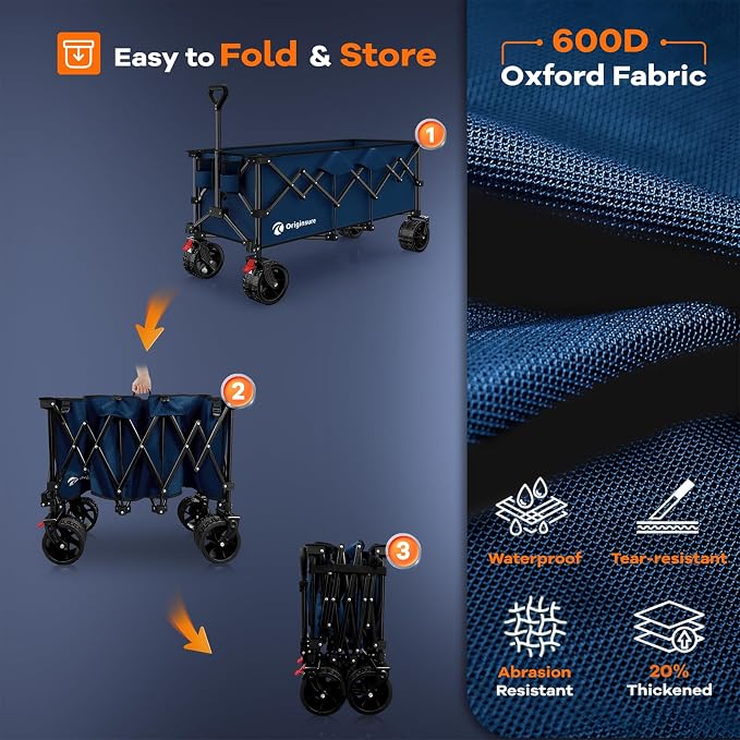 48" L Folding Beach Wagon Cart Foldable, 560lbs Weight Capacity 300L Heavy Duty Collapsible Wagons with Big All-Terrain Wheels, Utility Carts for Groceries, Shopping, Camping, Sports - Blue