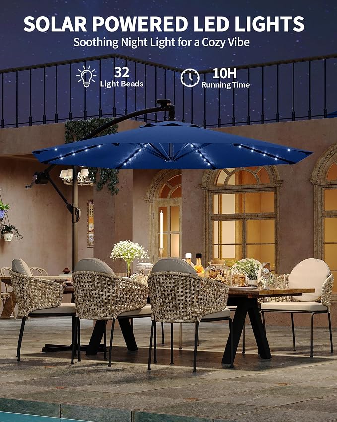 Garvee 10FT Solar Lights Offset Patio Umbrella with Cross Base, Cantilever Umbrella with Easy Lift & Tilt Adjustment, 8 Ribs Sun umbrella UV Protection for Backyard, Pool, Garden, Navy Blue