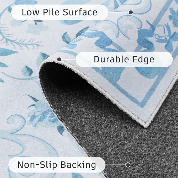 DCX Washable 4x6 Bow Rug, Blue Floral Rug for Girls’ Bedroom, Cute Soft Low Pile Indoor Décor Carpet, Kid & Pet Friendly Nursery Rug for Living Room, Dorm, Playroom