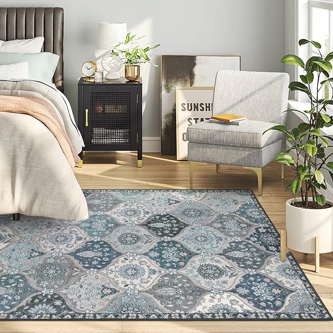 Lahome Moroccan Machine Washable Area Rugs, 4x6 Rug for Living Room Bedroom | Soft Non-Slip Rug Vintage Trellis Ultra-Thin Throw Carpet for Dining Room Office Elise, Blue