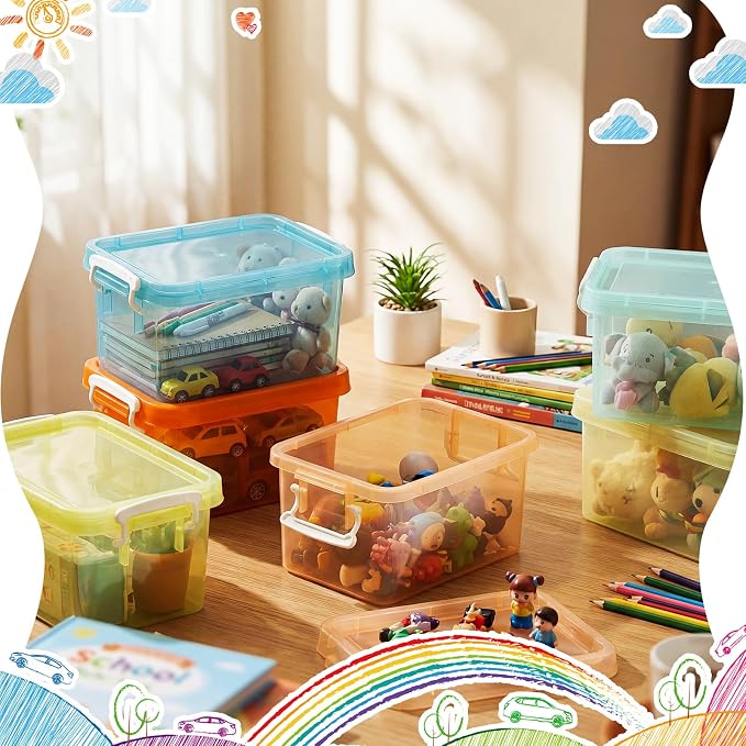 Wenqik 12 Pack Colorful Plastic Storage Bins with Lids 4 Quart Small Storage Latch Box Stackable and Nestable Clear Organizer Bins with Latching Handle and Buckle for Organizing (Pastel)