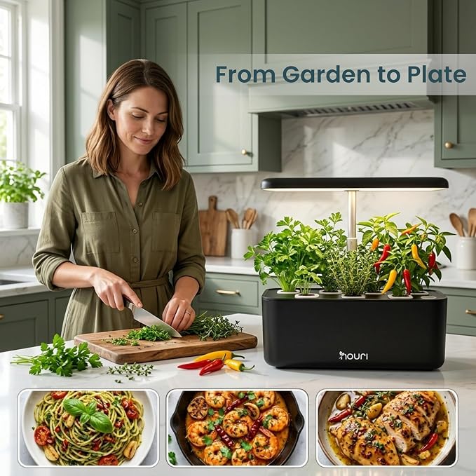 Nouri Hydroponics Growing System, 7 pod Smart Indoor Herb Garden Kit with LED Grow Lights, Hydroponic Herb Garden Indoor for Plant Lovers, Gardeners, Kitchen, Basil Seeds Included