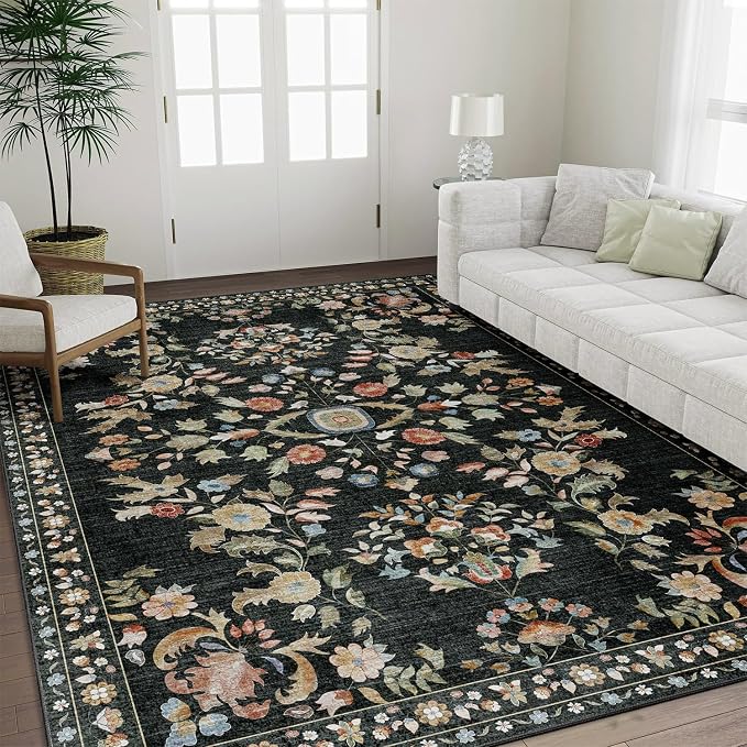 8x10 Area Rugs Washable Floral Rug Non Slip Ultra-Thin Large | Machine Washable Throw Carpet for Living Room Dining Room Bedroom Floor Indoor Low Pile Boho Vintage Black