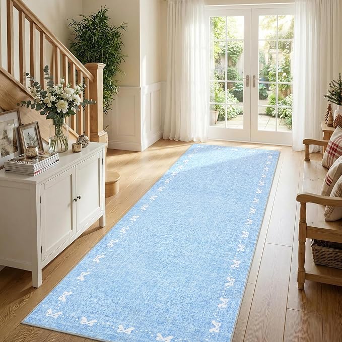 COZYLOOM 2x6 Kitchen Runner Rug Bow Bordered Long Rugs for Hallway, Solid Color Throw Rugs with Rubber Backing Washable, Non Shedding Stain Resistant Modern Carpet for Entryway, Bedroom, Blue