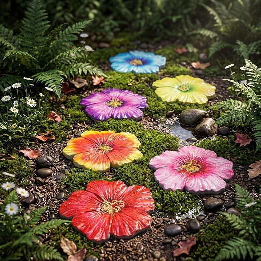 Landical 6 Pack Decorative Stepping Stones for Garden 10 Inch Cement Flower Stepping Stones Decoration for Patio Walkway Yard Outdoor(Hibiscus)