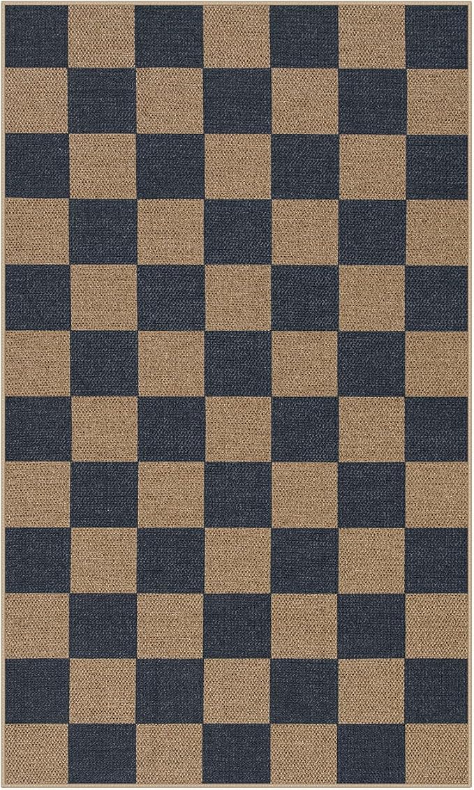 Lahome Colette Checkered Easy Jute Indoor Outdoor Carpet, 3x5 Washable Rugs for Entryway Living Room Farmhouse Area Rug, Non Slip Blue Checkerboard Indoor Door Mat for Entry Patio Deck