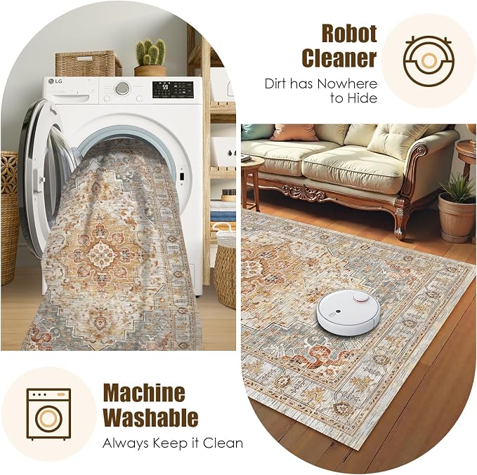 Washable Area Rug 3' x 5 ' Vintage Traditional Persian Mat - Foldable Distressed Non-Slip Machine Washable Carpet for Living Room Bedroom Kitchen Home Decor - Dove Gray and Coral
