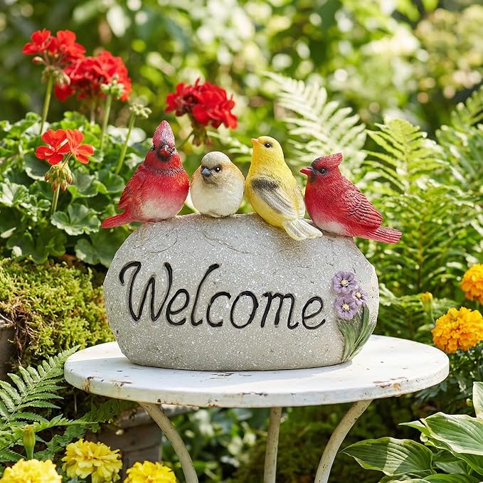 Solar Garden Statues Outdoor Decor, Welcome Sign Garden Sculptures Statue Novelty Birds Figurine Decoration for Patio Yard Porch Art Home Decor or Gifts for Mom Grandma