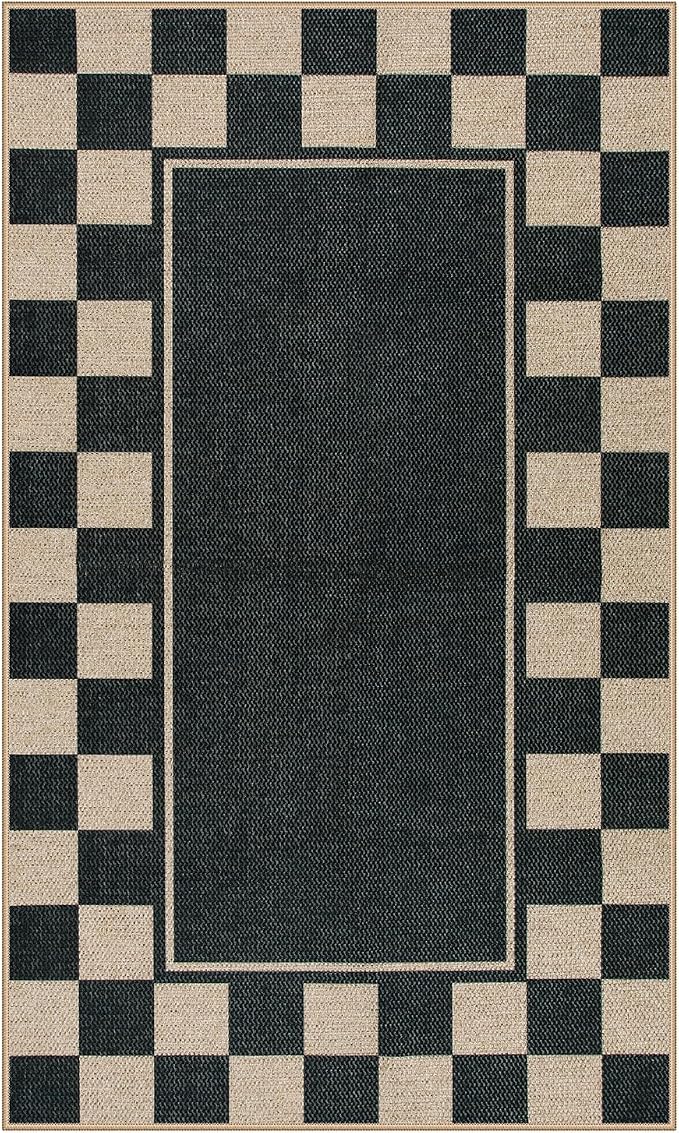 Moynesa Easy Jute Rug Checkered Outdoor Patio Rug 3x5, Washable Rugs for Entryway Non Slip Bordered, Indoor Outdoor Carpet for Living Room Bedroom Kitchen Farmhouse Backyard, Black