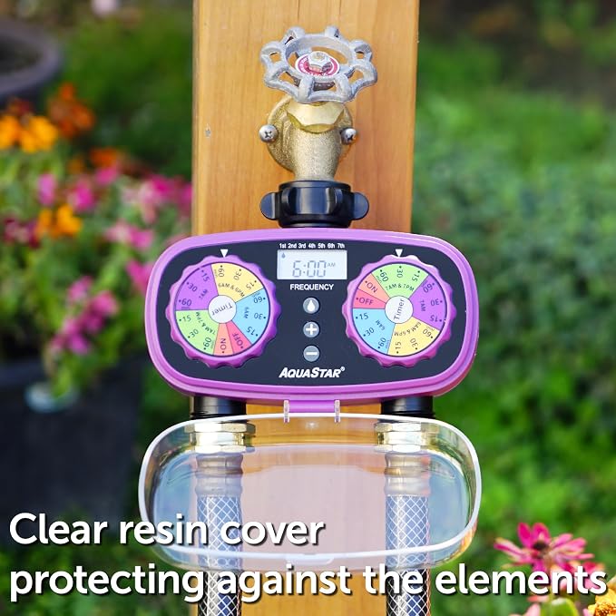 AQUASTAR Two-Zone Hose Watering Timer (Purple), Automatic Irrigation for Lawn, Garden, Yard, Two Outlets