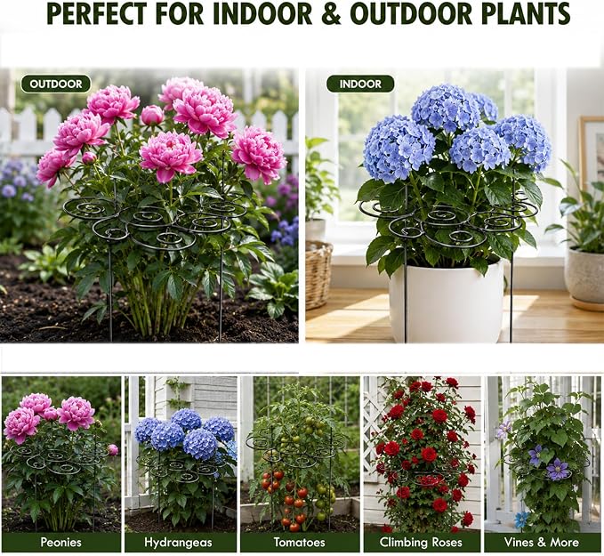 Metal Plant Support Ring for Garden, Heavy-Duty Peony & Dahlia Cage, Stackable Flower Support for Indoor & Outdoor Plants, Decorative Grow-Through Ring, Orchid Clip