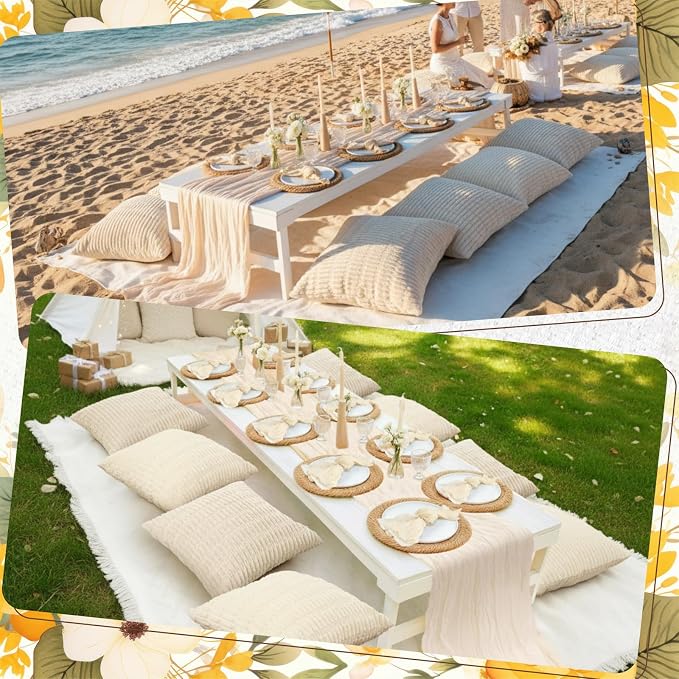 Beeveer 14 Pcs Picnic Kit 91x71 Inch Extra Large Outdoor Boho Picnic Blanket with White Table Runner, 6 Throw Pillow Cover 6 Napkin Woven Cotton Yarn Oversize Washable Beach Blanket for Camp Wedding