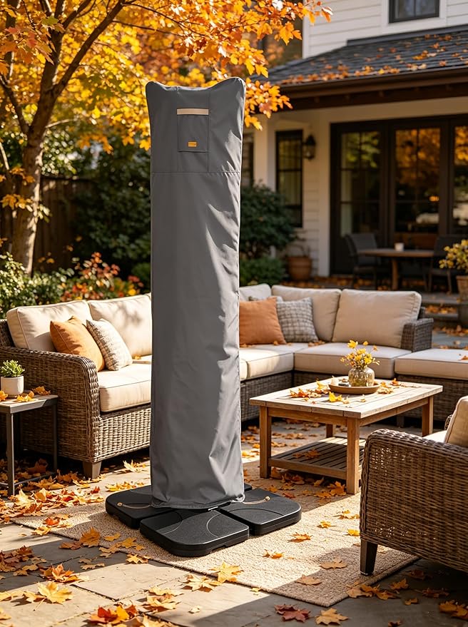 Patio Umbrella Cover for 9ft to 13ft Offset Umbrella, Water Resistant, Curved Cantilever and Straight Pole Parasol Outdoor Umbrellas Cover with Zipper and Rod