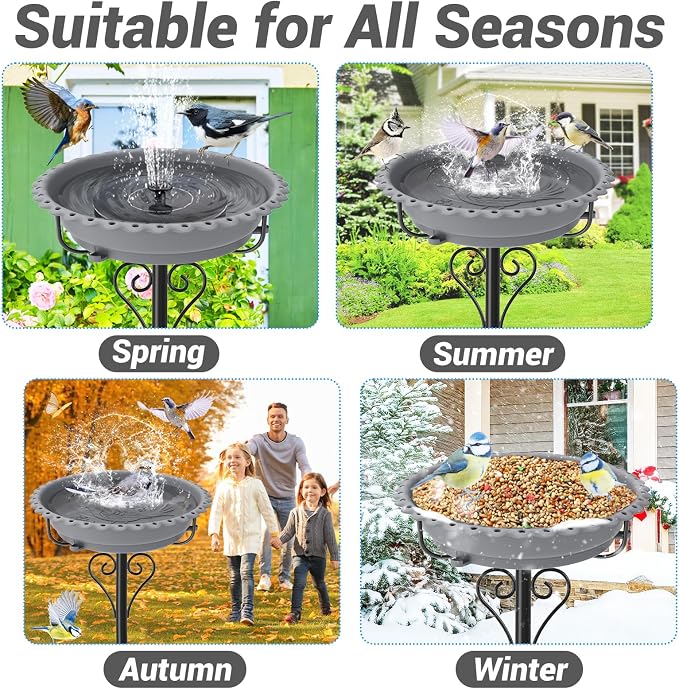Birdbaths for Outdoors,40In Garden Birdbath with 12" Removable Plastic Bowl,Bird Baths Feeder with Sturdy 5 Prongs Base for Outdoor Garden Patio Yard Lawn Decor (Gray)