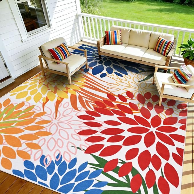 Yinhua Dahlia Floral Outdoor Rug 8x10 Colorful Indoor Outdoor Rugs Washable Patio Rug Non Slip Large Flower Area Rug Low Pile Outdoor Carpet for Patio, Deck, Porch, Balcony, Camping, Red and Blue