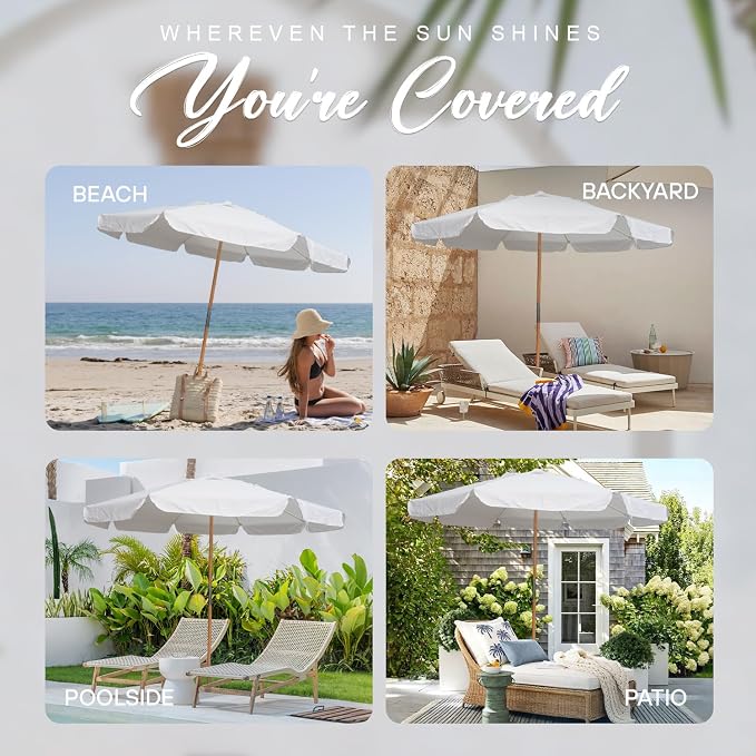 AMMSUN 7.8ft Outdoor Patio Umbrella, Boho Beach & Market Umbrella with UPF 50+ Water-Resistant Canvas, Ash Wood Pole, Air Vent and Carry Bag for Patios, Gardens, Decks and Poolside (Arctic White)
