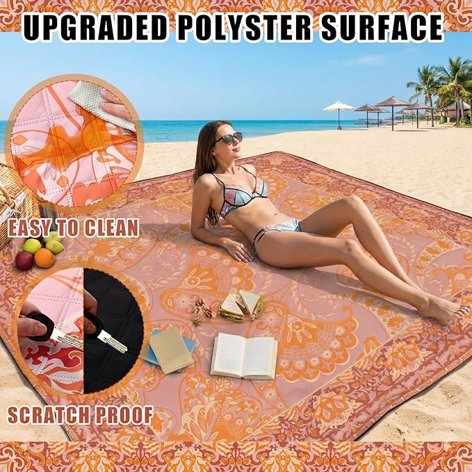 Mindsoft Boho Picnic Blankets 80''x 80'' Extra Large Beach Blanket Waterproof Sandproof Foldable Machine Washable Vintage Grass Lawn Park Mat for Family Camping Party Music Festival