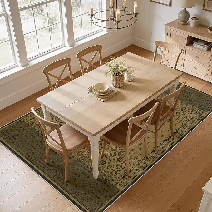 Joydeco Vintage Living Room Rugs 5x7, Washable Area Rugs for Bedroom | Non Slip Low Pile Soft Thin Stain Resistant Boho Geometric Indoor Floor Carpet for Entryway Dining Room Home Office Brown