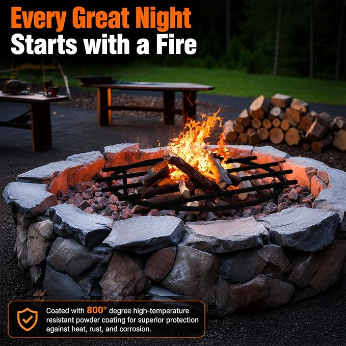 24 Inch Fire Pit Grate Round Heavy-Duty Solid Steel Fire Pit Grate with Elevated Legs, Multi-Functional Log Holder for Fireplace Outdoor Camping, Backyard Barbecue, Cooking