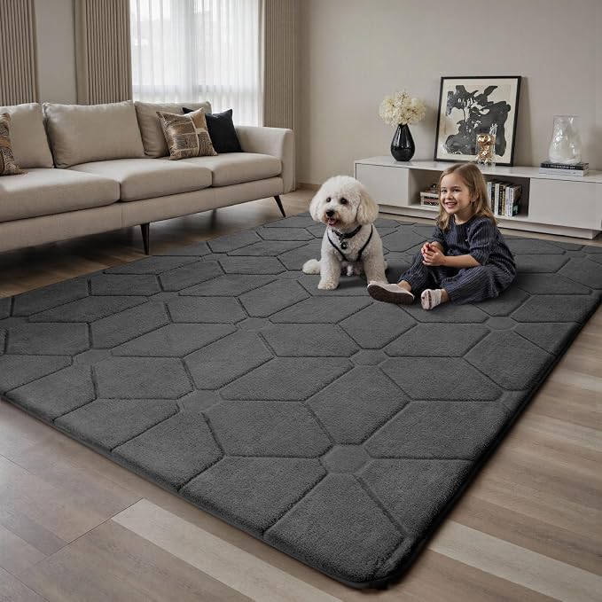 Sour Lemon Area Rugs 10x14 Living Room Bedroom, Exta Large Carpet Grey Rug | Washable, Geometric Alfombra Para Salas Modernas, Non Slip Big Soft Thick Fluffy Plush, Memory foam Rug for Kids Playroom