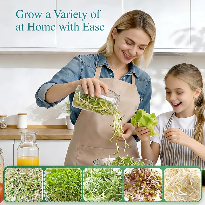 4 Pack Wide Mouth Sprouting Jar Kit, Lids, Stands, Trays & Cleaning Brushes | Glass Jar Set with with Stainless Steel Strainer Lids, Stand & Drip Tray (Seeds Not Included) – Easy to Rinse & Drain