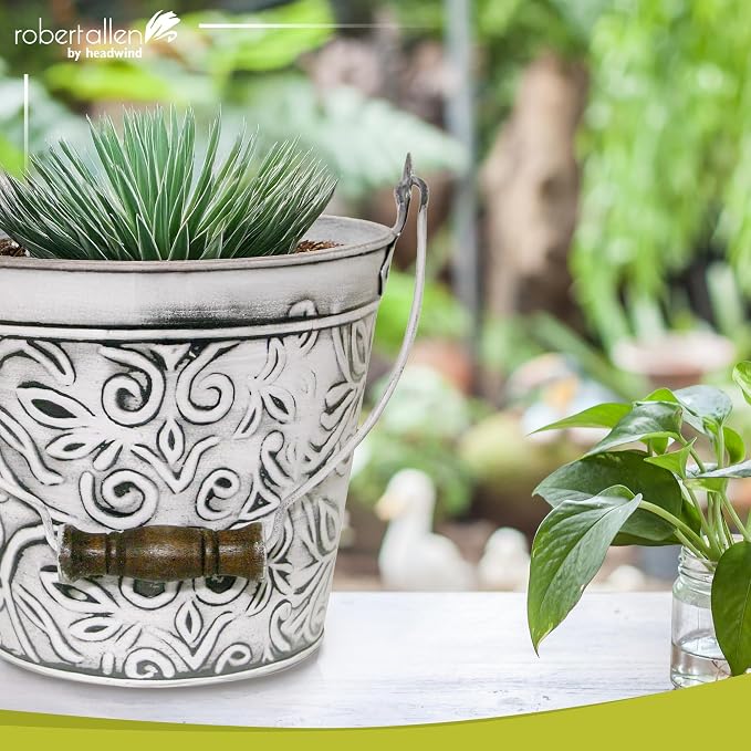 Headwind Vintage Collection - Floral Rustic White Planter with Handles – 8 Inch Medium Flower Pots Decorative Plant Indoor – Plant Pots Indoor with Drainage By Robert Allen