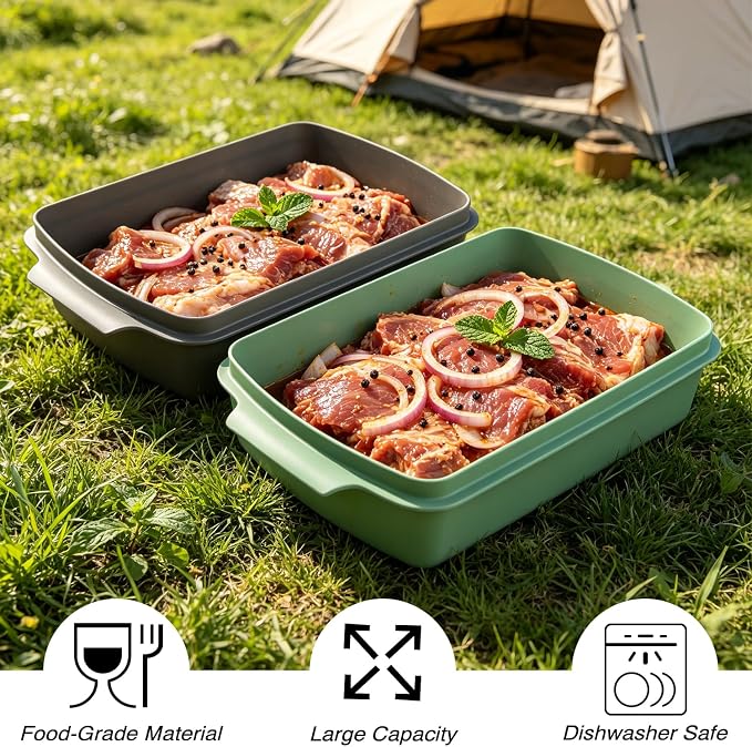 Sunmei Grill Prep and Serving Trays, 3-in-1 Stackable BBQ Food Tray, 5PCS BBQ Serving Set with Marinating Container, Serving Platter, Cutting Board and 2PCS Colored 12-Inch Grill Tongs (Gray)