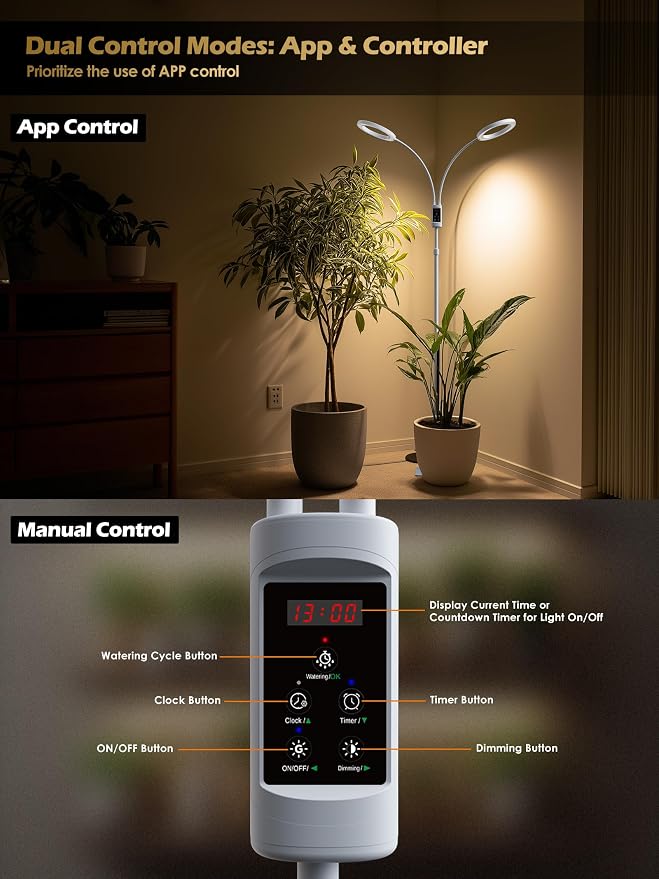 Smart Grow Lights for Indoor Plants, Plant Light with Auto-Timer, Full Spectrum LED Grow Light, Adjustable Height & Stepless Dimming,Plant Assistant Suitable for Most Plants (White, Dual Heads)