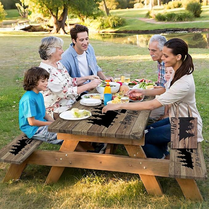 Picnic Table Cover with Bench Covers Elastic Edges Camping Essentials 4 Pcs Wood Grain Waterproof Oil-Proof Tablecloth with Handbag for RV Accessories Farmhouse Camping Rustic Party Decor 72 IN