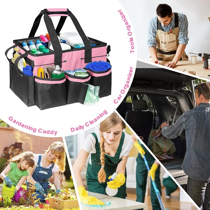 Large Wearable Cleaning Caddy Bag – Waterproof Tote with Multiple Compartments, 4 Detachable Dividers, Adjustable Shoulder Strap & Waist Belt, Heavy-Duty Organizer for Housekeepers, Home, Car -Pink