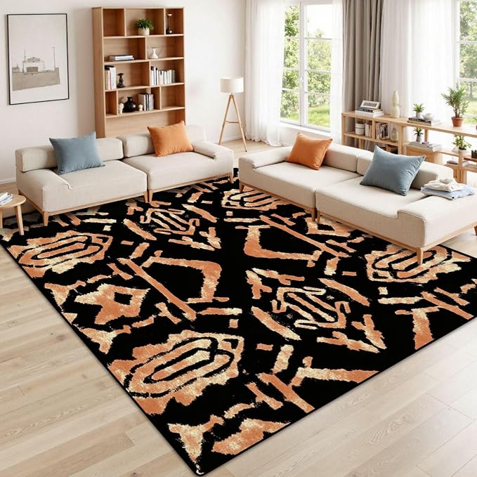 9x12 Area Rugs for Living Room Ethnic African Print Boho Chocolate Abstract Brown Artwork Handmade Washable Large Area Rug for Bedroom Non Slip Outdoor Carpets Soft Mats Kitchen Home Office Decor